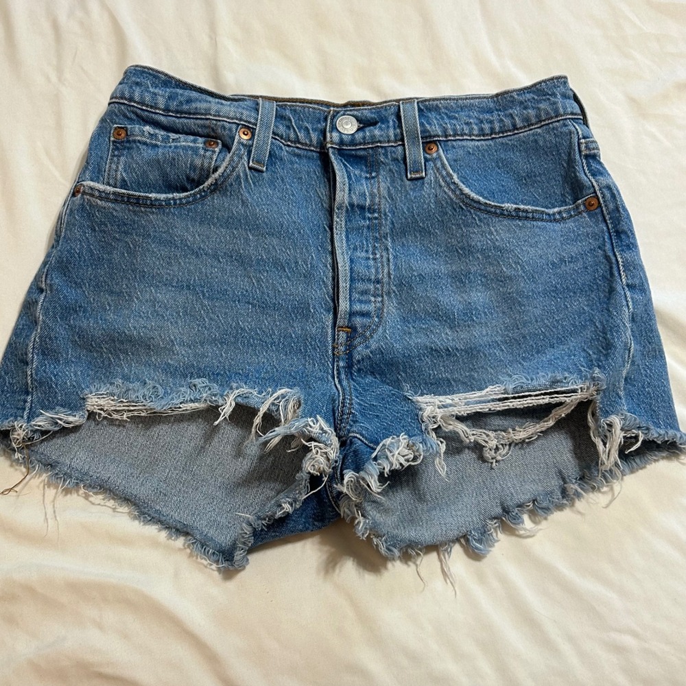 Levis 501 Original High Rise Cut Off Denim Shorts Blue Distressed Womens W28